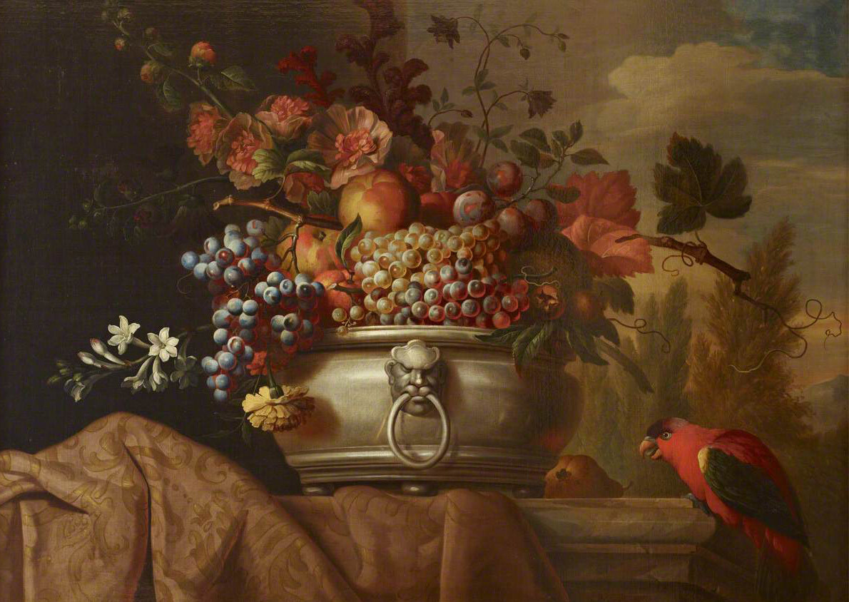 Oil painting Fruit-in-a-Pewter-Bowl-with-a-Parrot-Jakob-Bogdány-handmade canvas