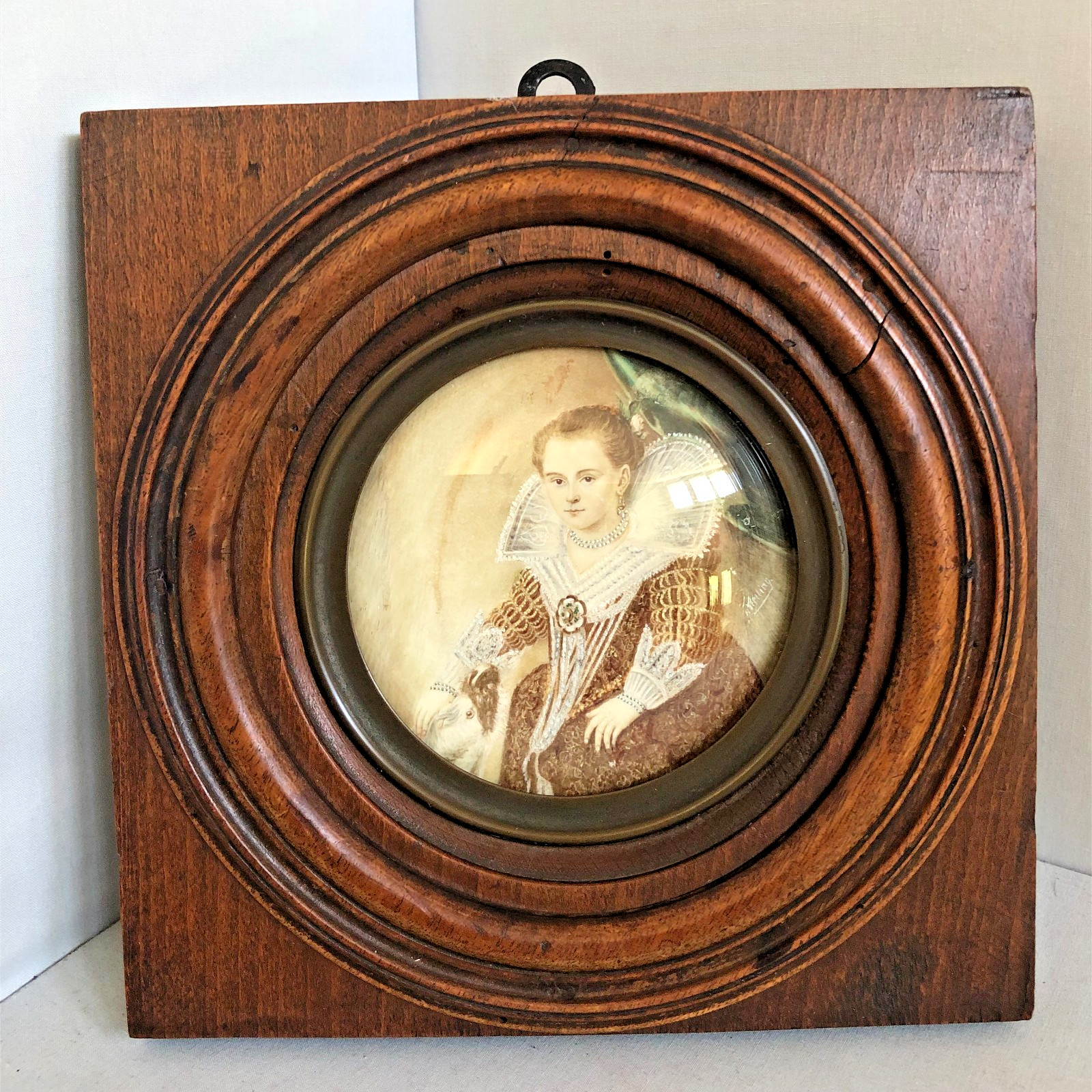 Antique Round Hand Painted and Signed Women’s Portrait in Original Frame.