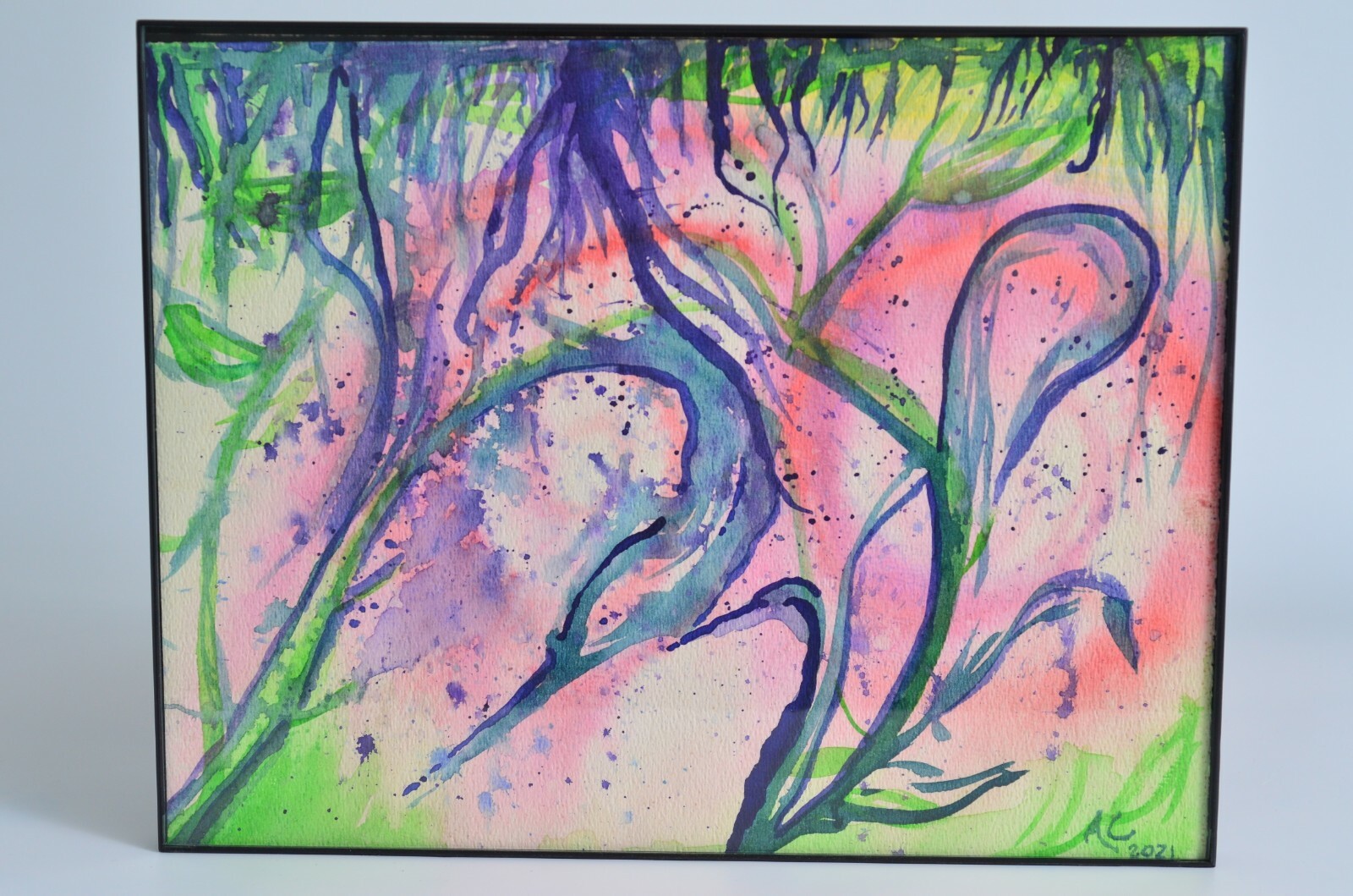 Aquatic Life Watercolor Painting Framed Purple Turquoise Green Pink