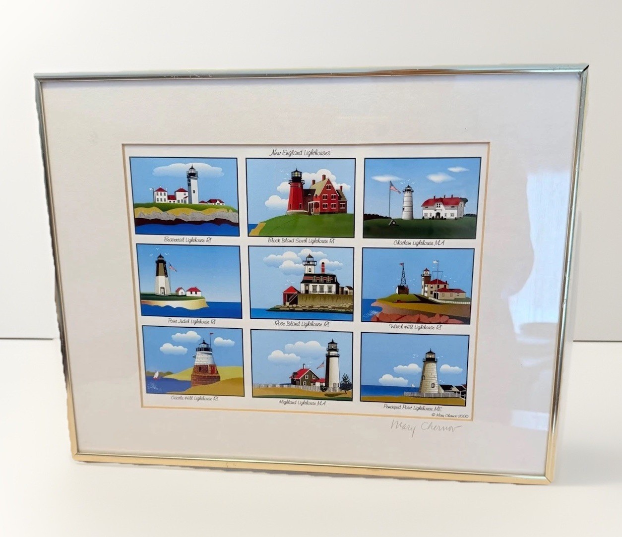 VTG Lighthouse Print Signed Coastal New England Art Watch Hill Beavertail RI MA