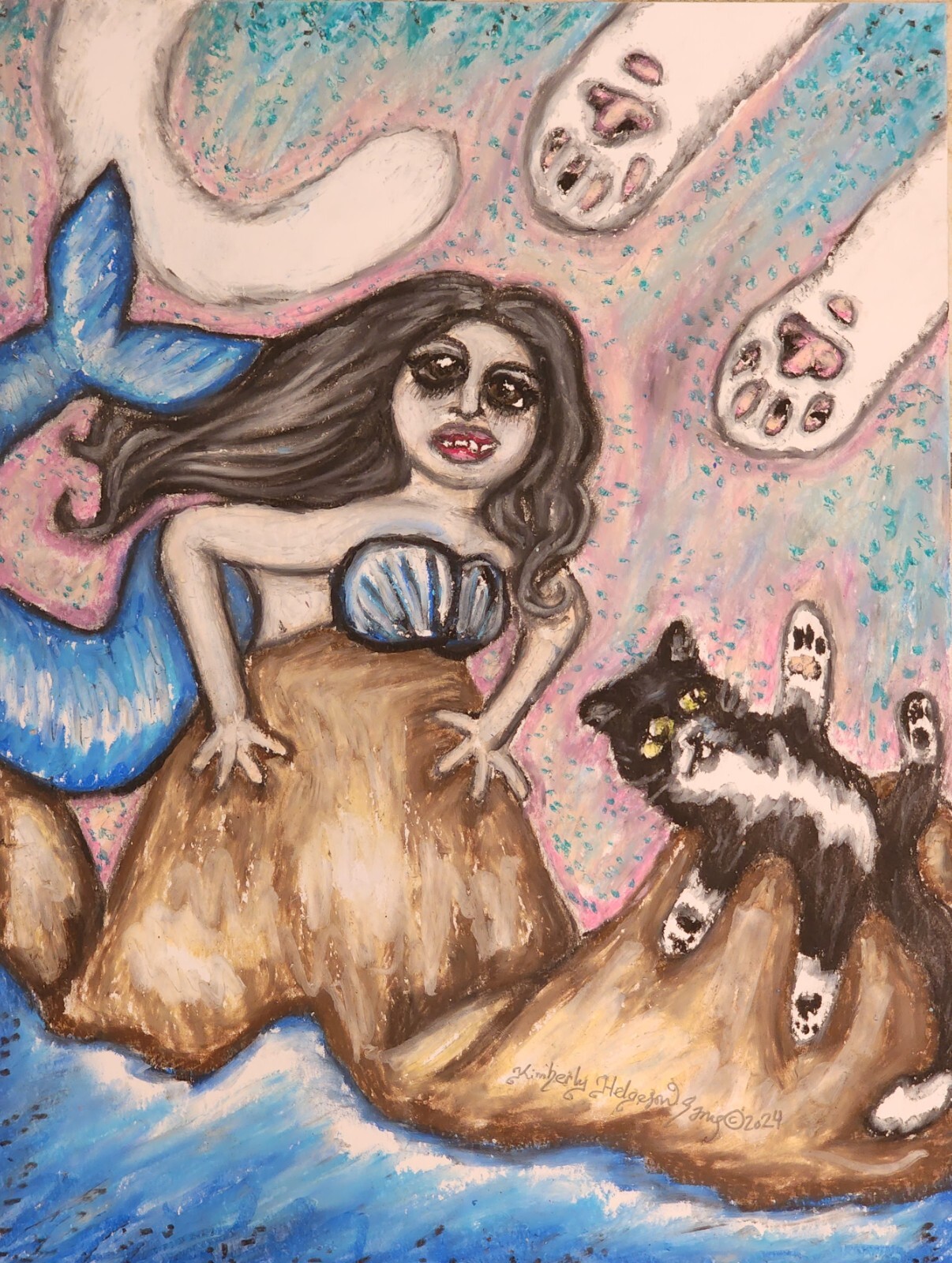 MERMAID CRAZY CAT LADY Original 9×12 Pastel Painting by KSams Folk Art Toe Beans