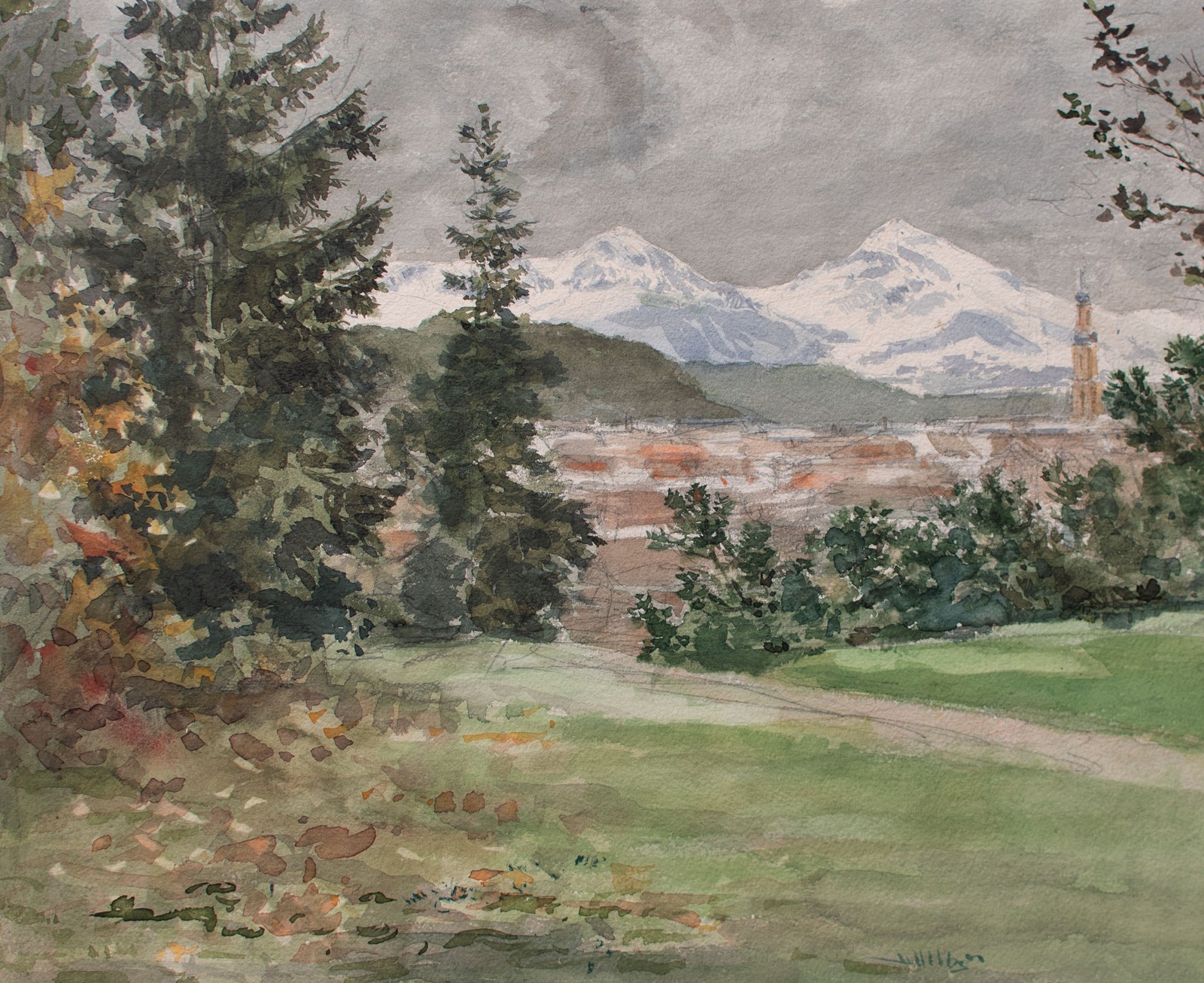 Unknown City View Off Bergen Landscape Watercolour Unsigned Circa 1890