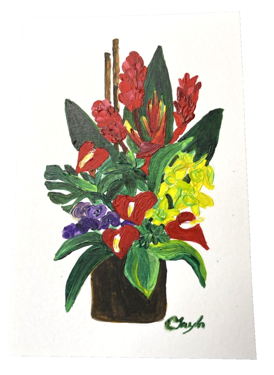 Hawaiian Floral Arrangement Painting Small Acrylic Art OOAK Orchid Anthurium Pic