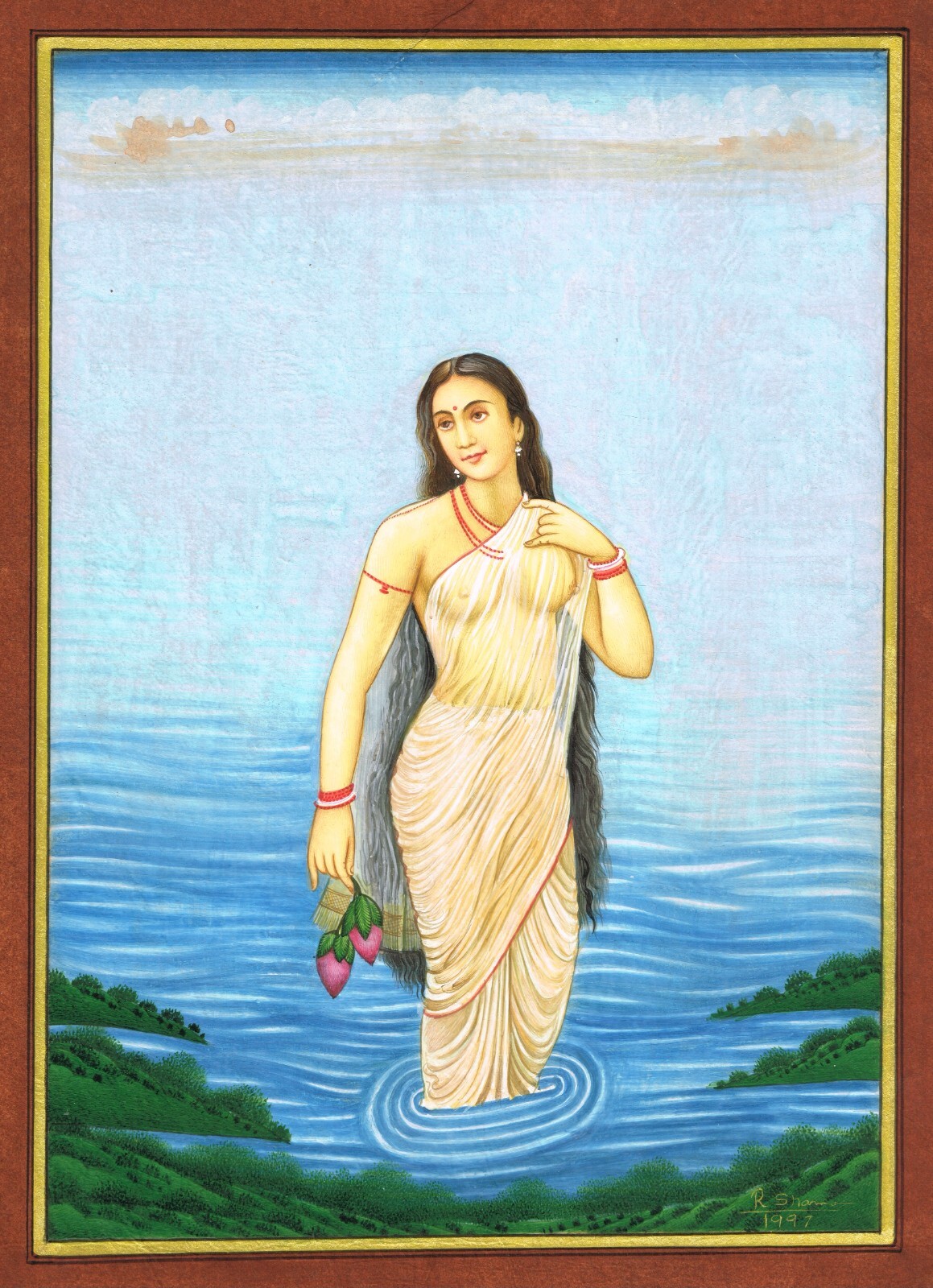 Lady Painting Of Semi Naked Woman In The Lake With Lotus On Paper 10×13.5 Inches
