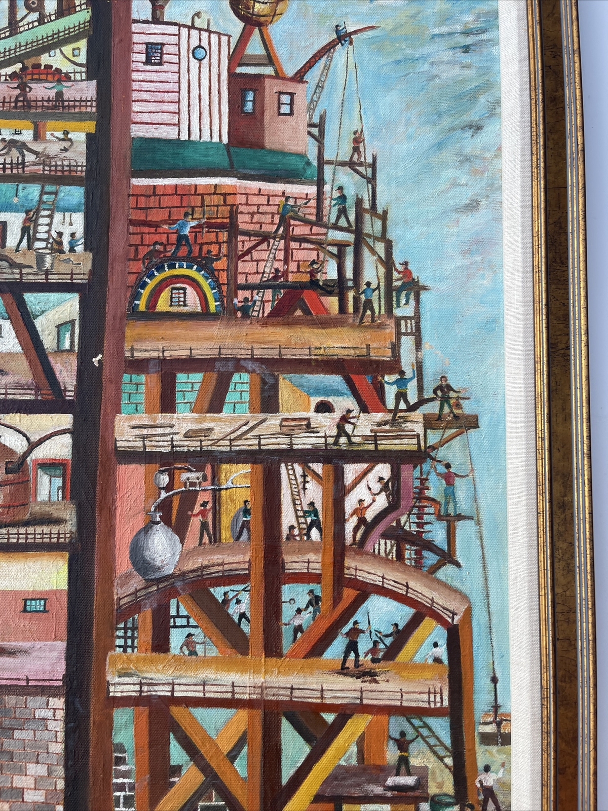 Vintage Industrial Painting Construction Workers Factory Urban Modernism Listed