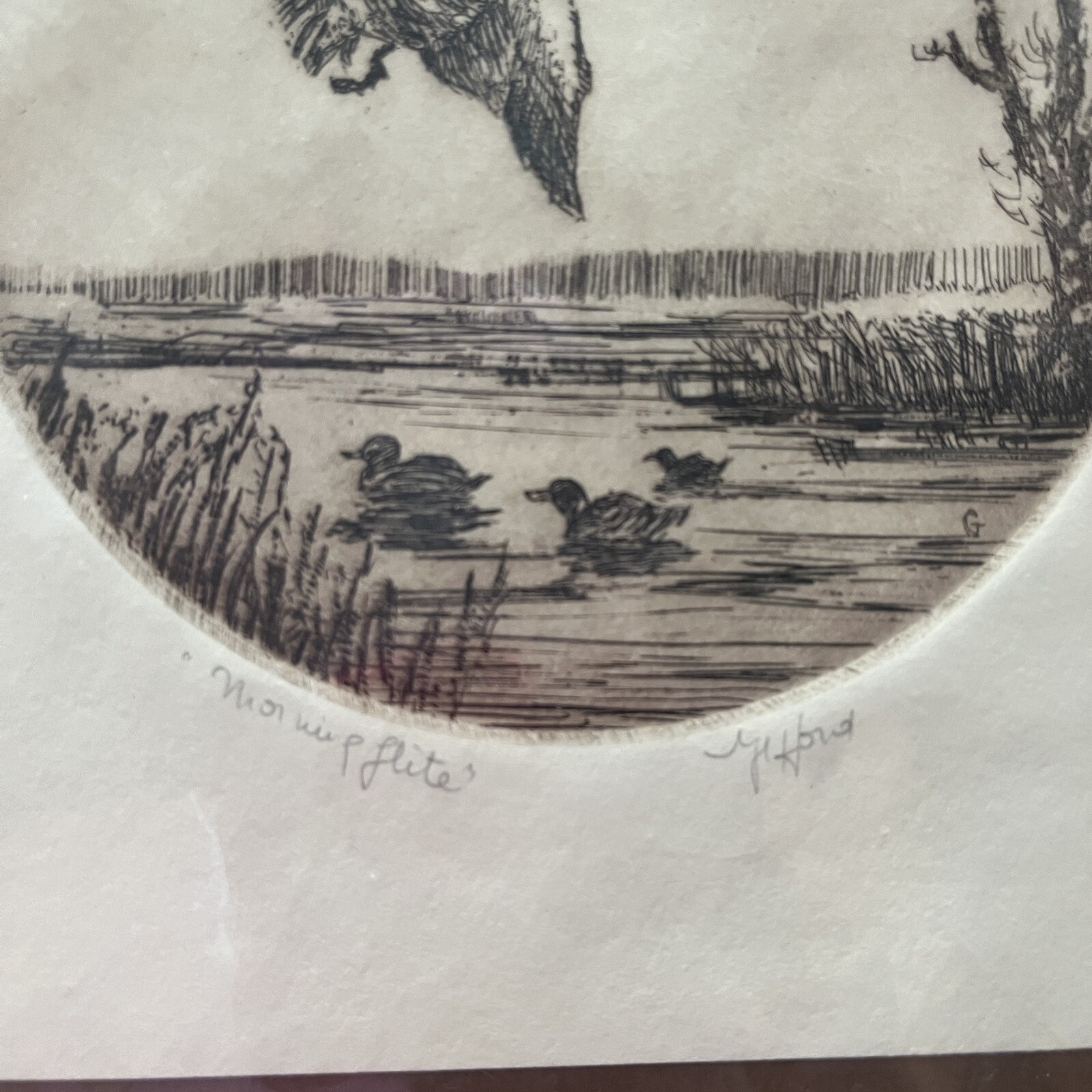 Vintage Original Etching Ducks flying paint «Morning flite», Signed Gifford