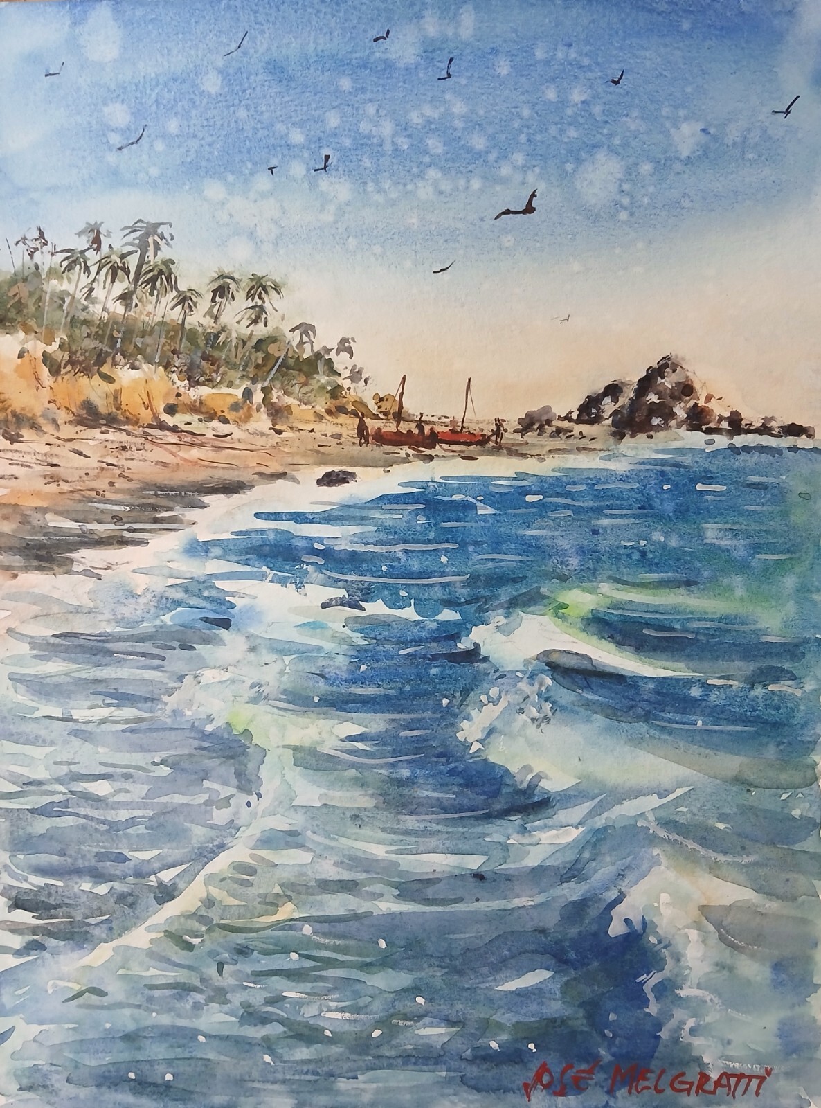 Original Watercolor Painting «Fishing boats on the Beach 9″ X 12» NOT A PRINT
