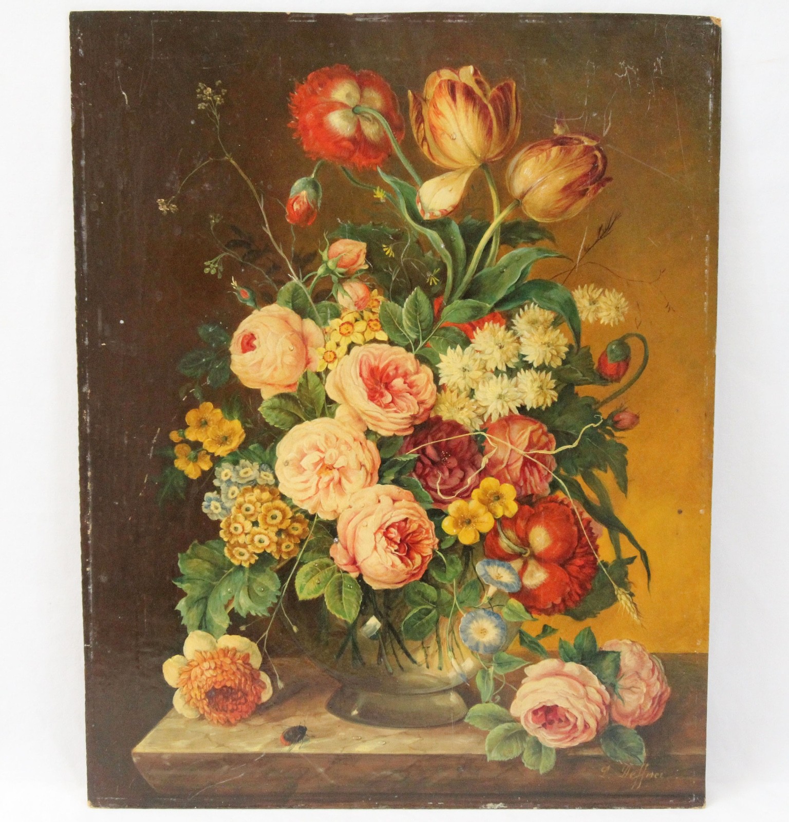 Ludwig Deffner 15×19 Antique Oil Painting Detailed Still Life Flowers in Vase