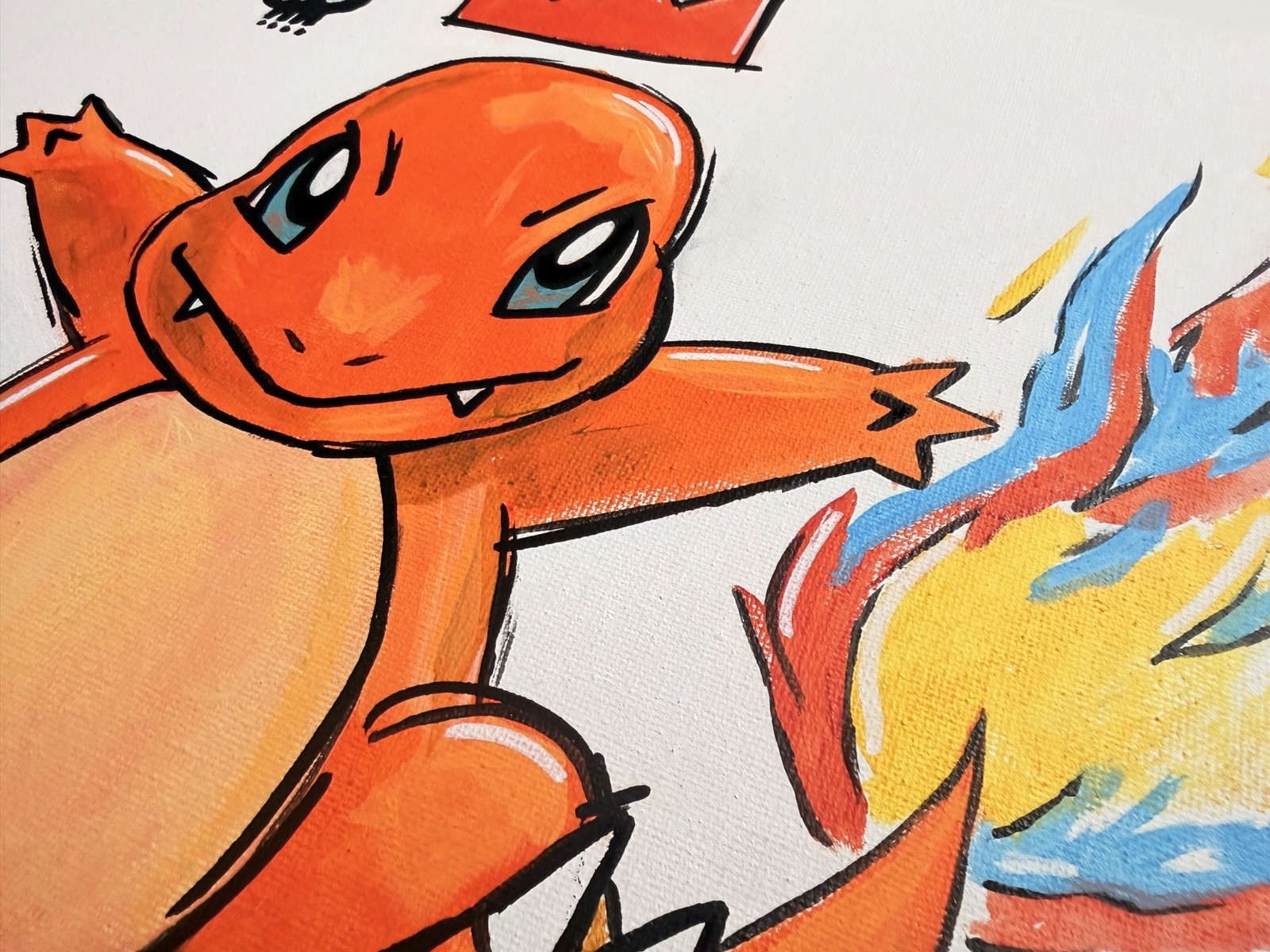Original Charmander Fire Acrylic Painting on Framed Canvas Crown Skull Motif