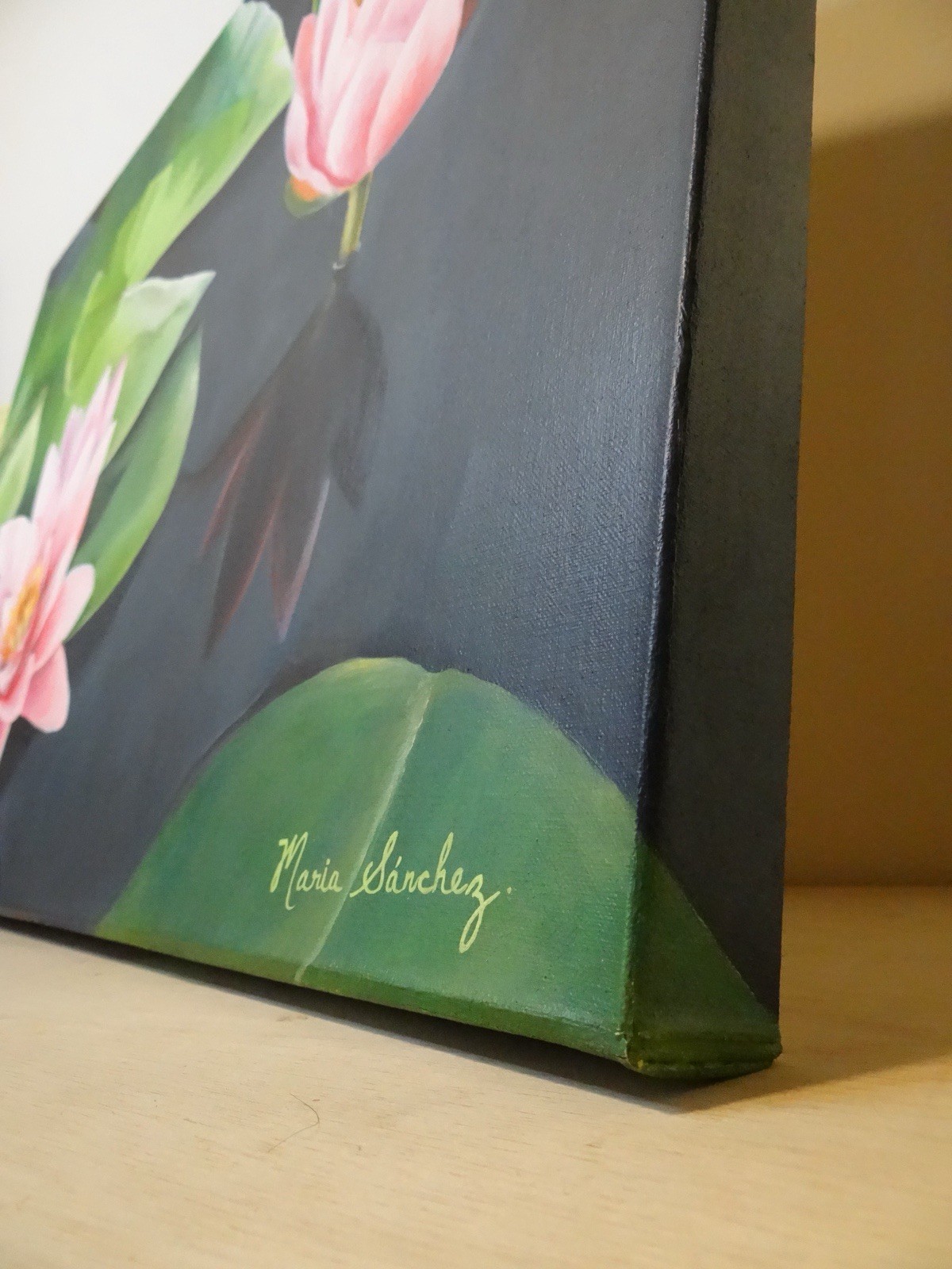 Maria Sanchez Signed Realism Painting Pink Water Lilies Canvas, Medium, 20”x28