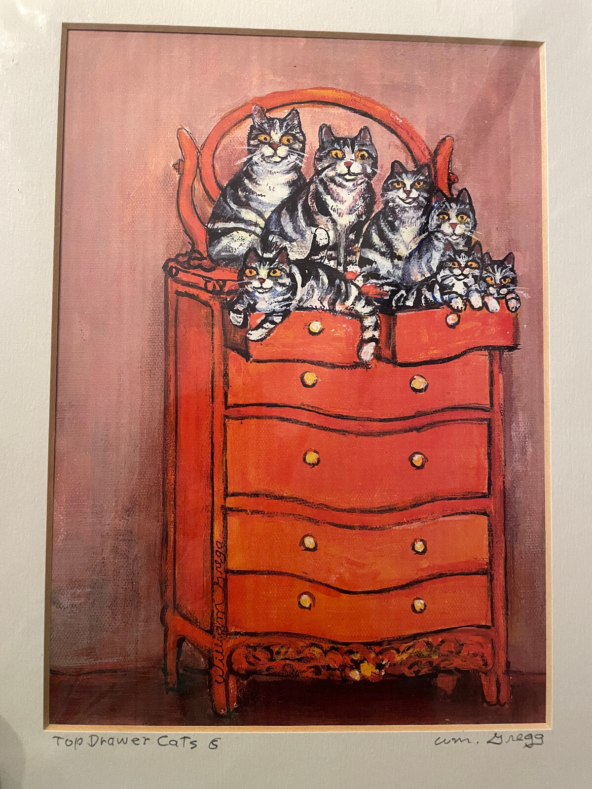 Tabby Cat Art William Gregg «Top Drawer Cats» Signed Print 8.5×6″ Matted 12″x9″