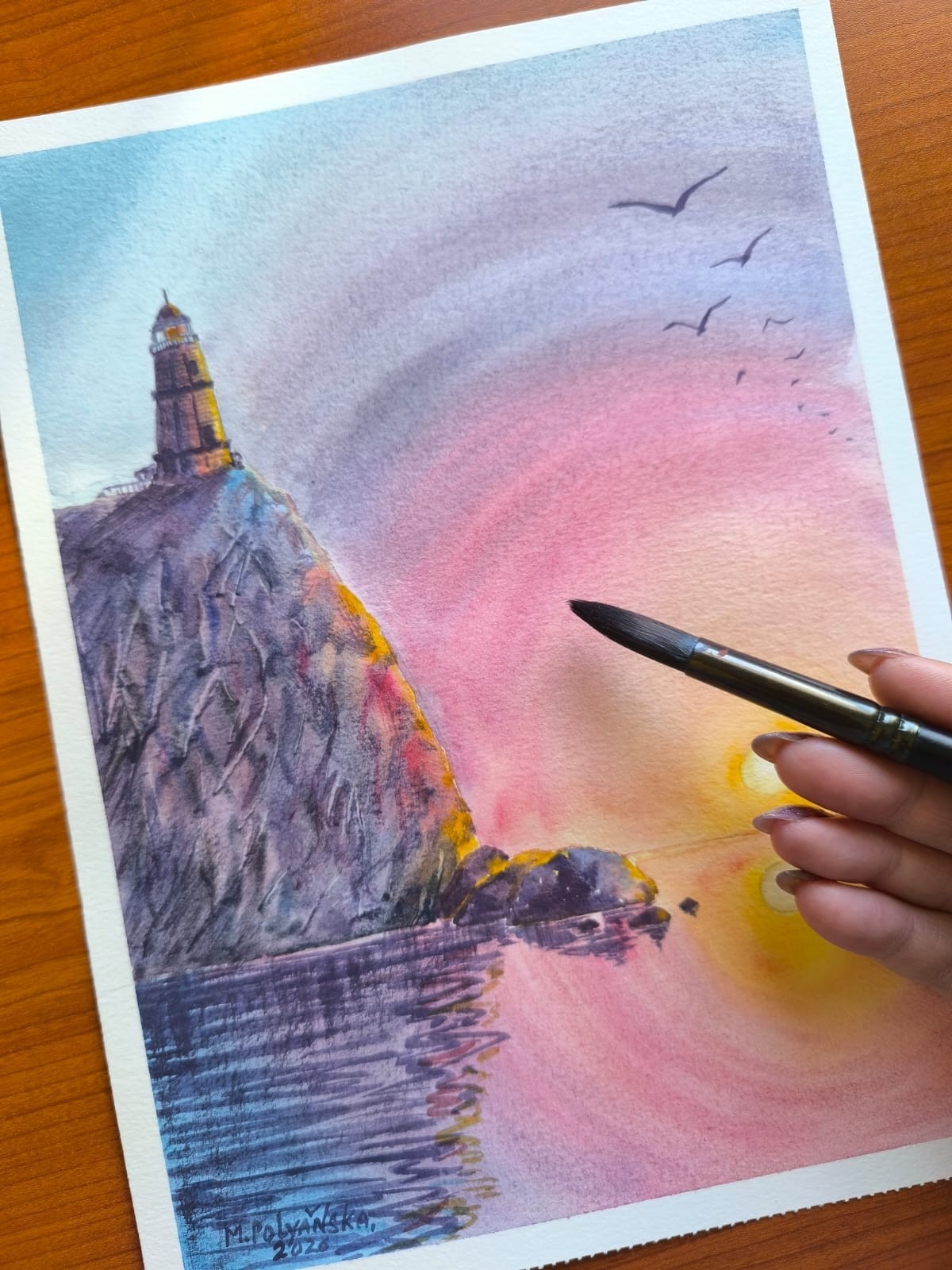 BIRDS LIGHTHOUSE Original Modern Artworks Painting Seascape SUN SKY Arts Gift A4