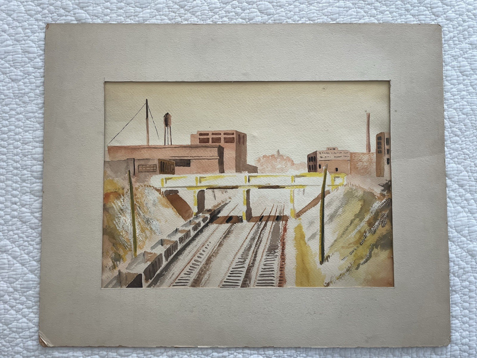 Vintage HAND PAINTED ART Railroad RR Track Cars Bridge Bill Tiell Cleveland OH