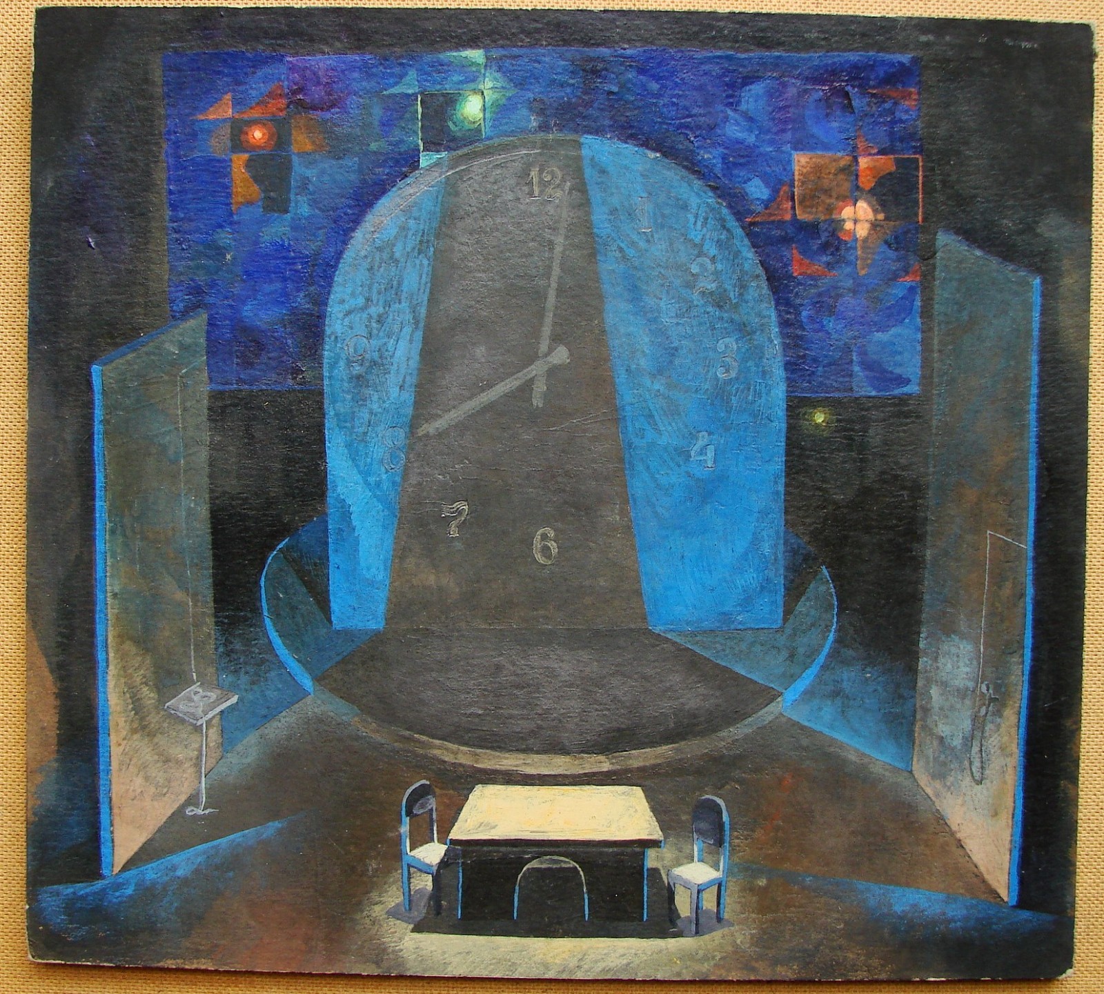 Ukrainian Soviet USSR mixed media painting Surrealism clock interior time flies