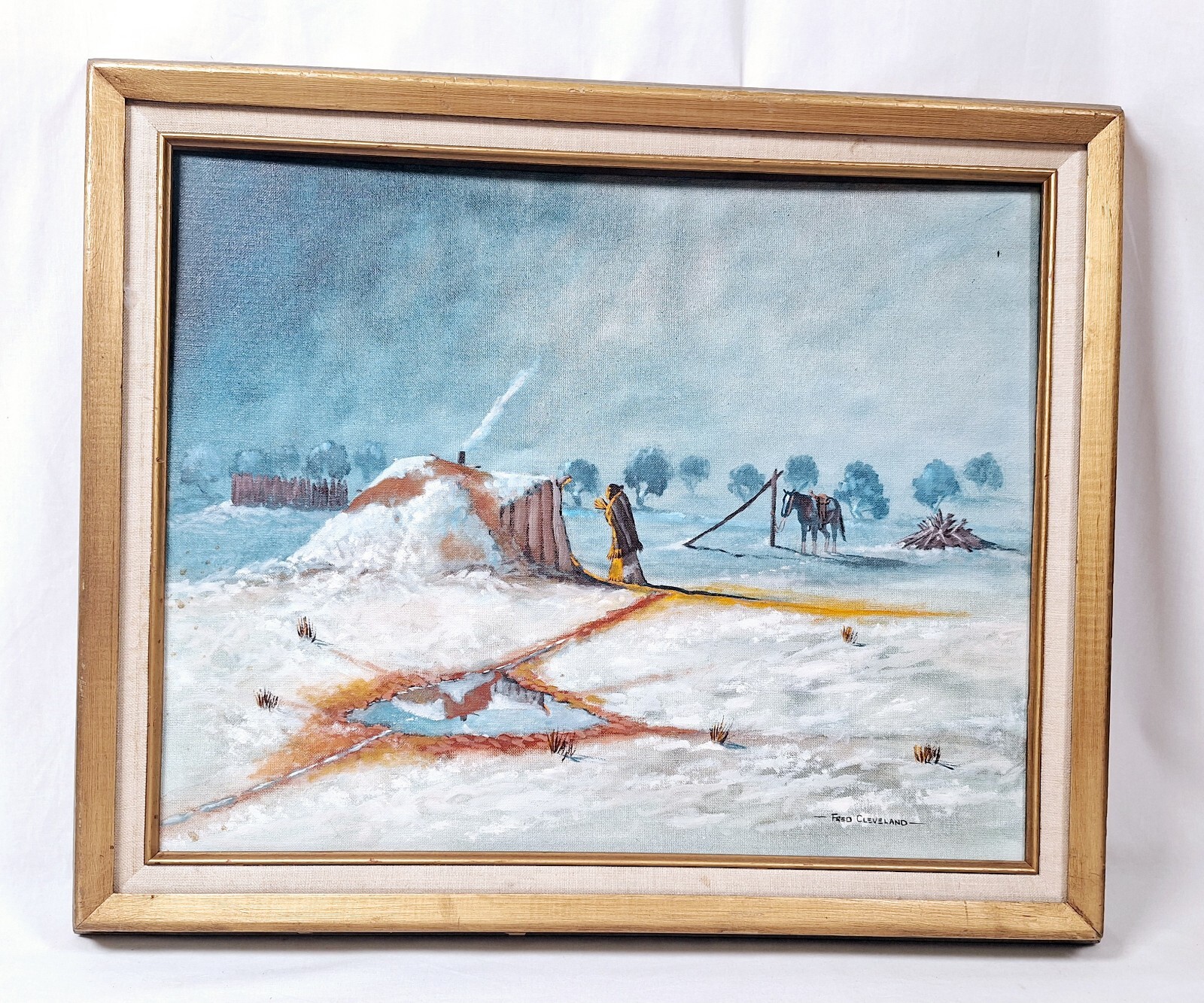 Navajo Fred Cleveland Original Oil Acrylic On Canvas Framed Size about 24″ × 20″