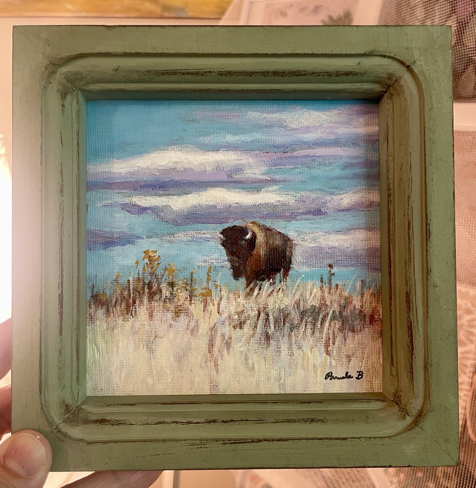 Buffalo Prairie Landscape Original Painting Framed Mini Western Art