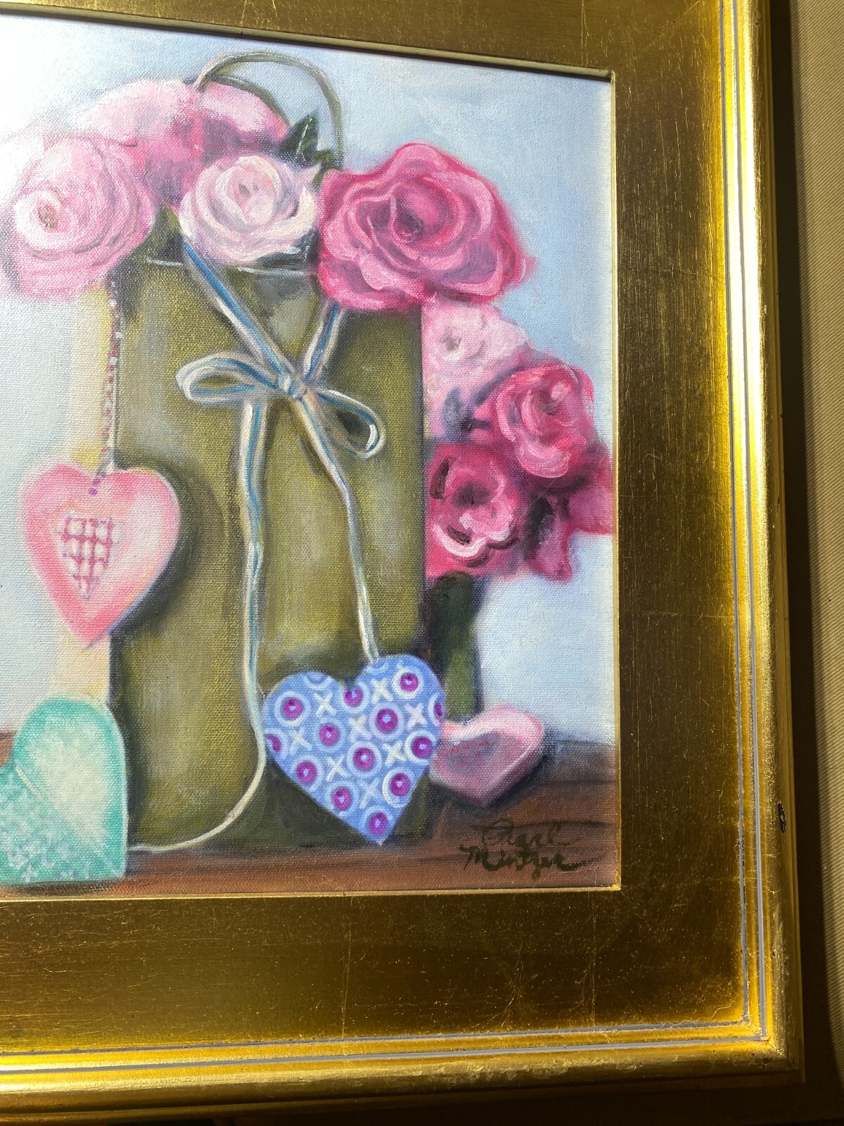 Pearl Mintzer «Hearts And Flowers Scene» Oil Painting – Signed And Framed