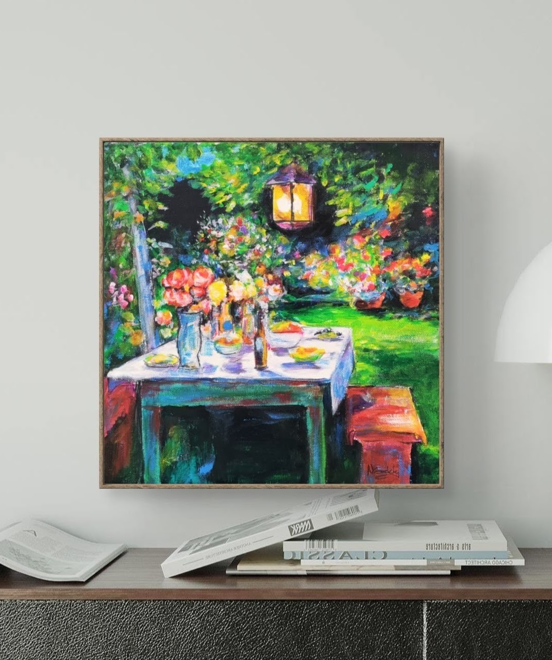 Original 10 X 10 Expressionist Garden Party Acrylic Canvas Wall Art Painting