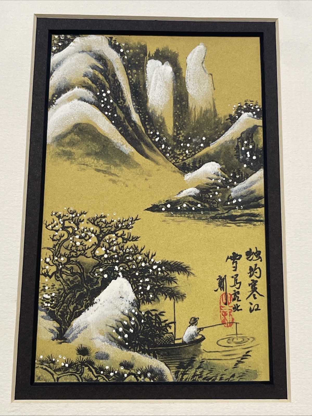 «Fishing Alone on a Cold River, Snow Turns to Ice» Shanshui Art, Signed, Chinese