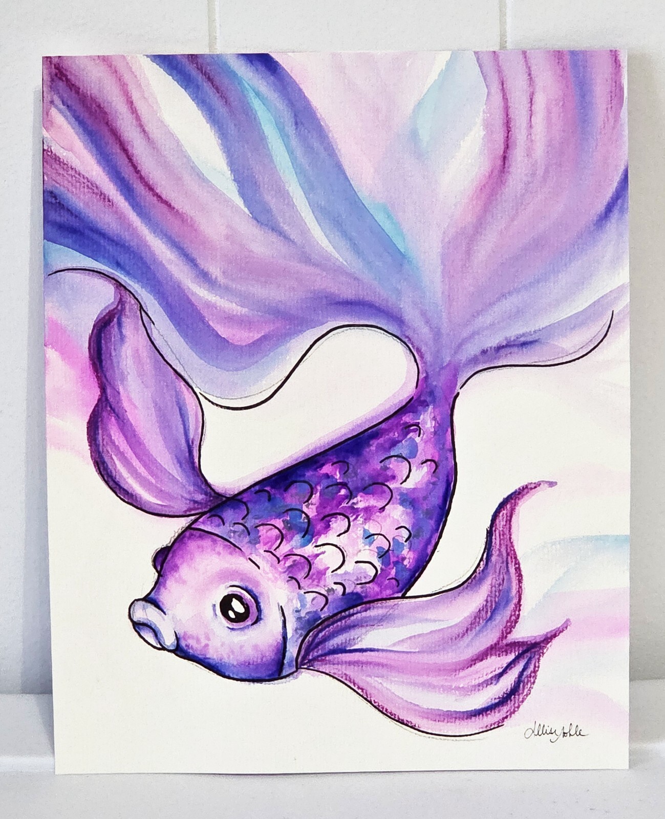 8×10 Original Watercolor & Ink Illustration – Koi Fish Cute Purple Blue