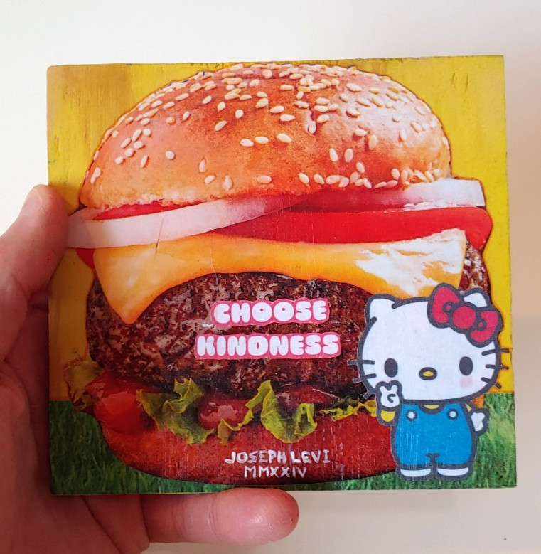 Colorful Modern Art Sanrio Hamburger Original Mixed Media Collage on Wood Panel