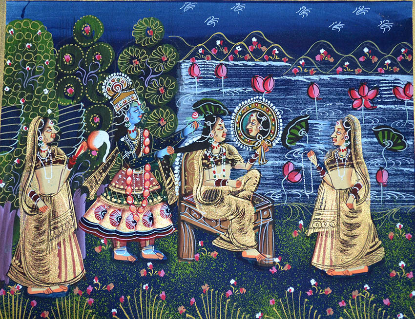 Original Radha Krishna Miniature Indian painting on silk cloth natural colors