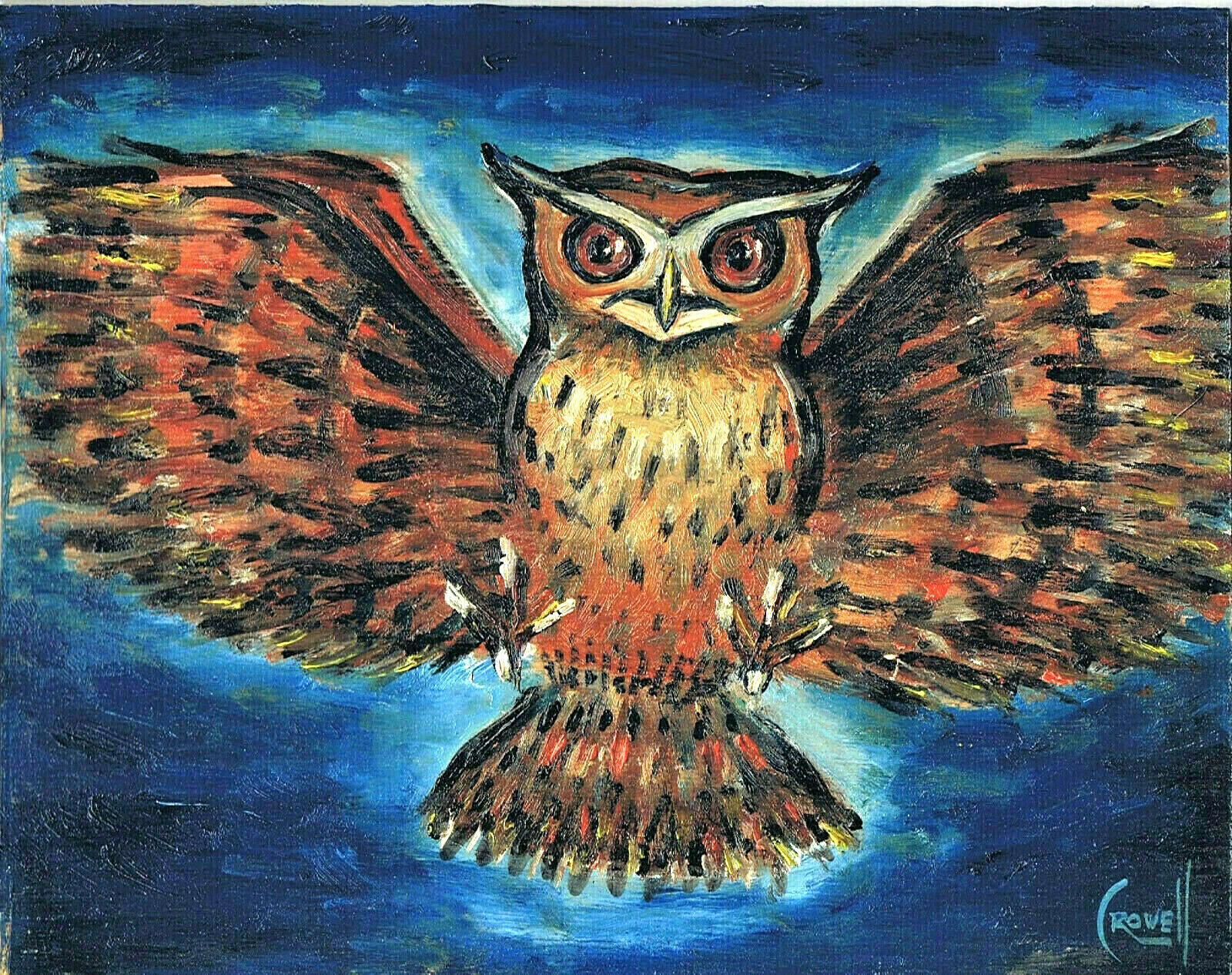 SWOOPING OWL night flying NEW 8×10 wood oil painting original wow signed Crowell