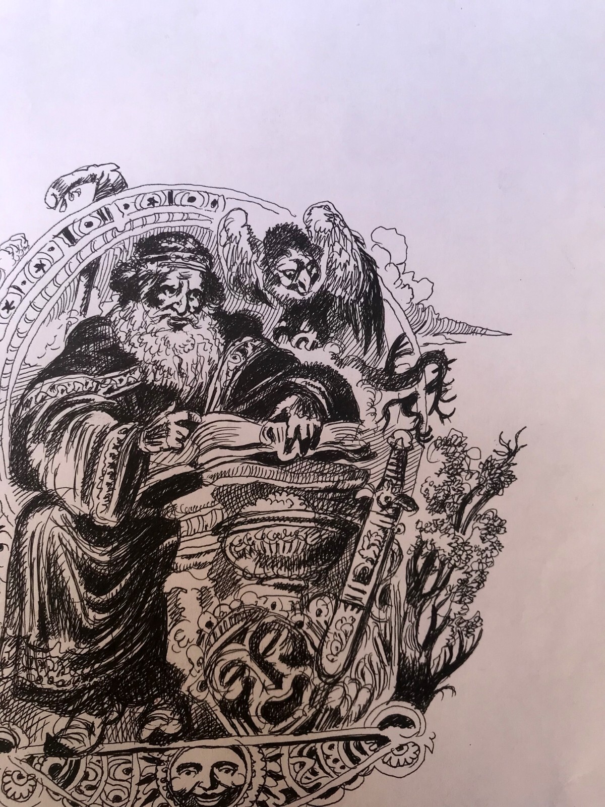 Pen Painting Portrait Of An Old Man A. Litvinov Unframed Original Decor nAAA2929