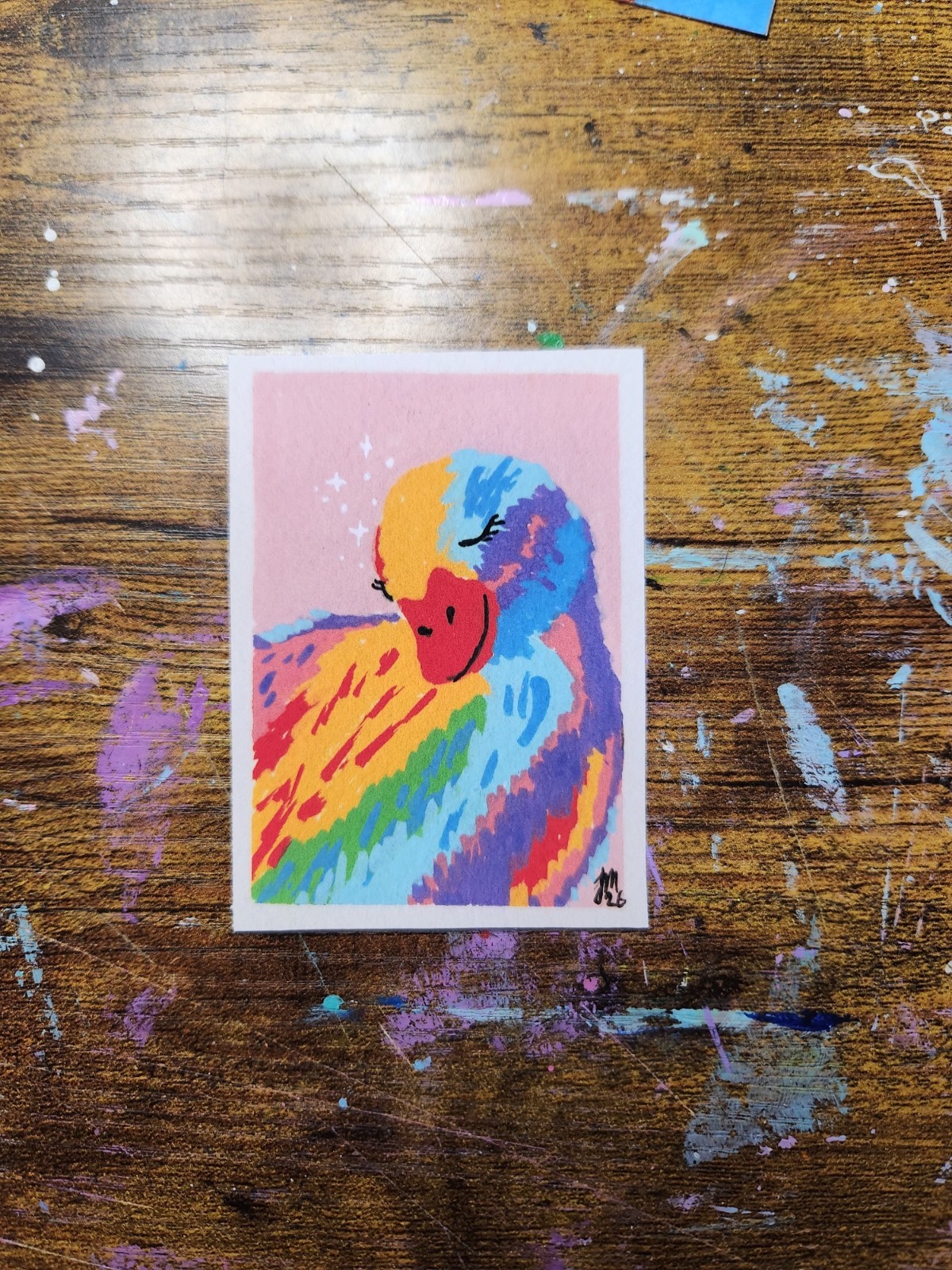 ACEO Original Rainbow Duck Acrylic Painting *Art Print. 2.5×3.5