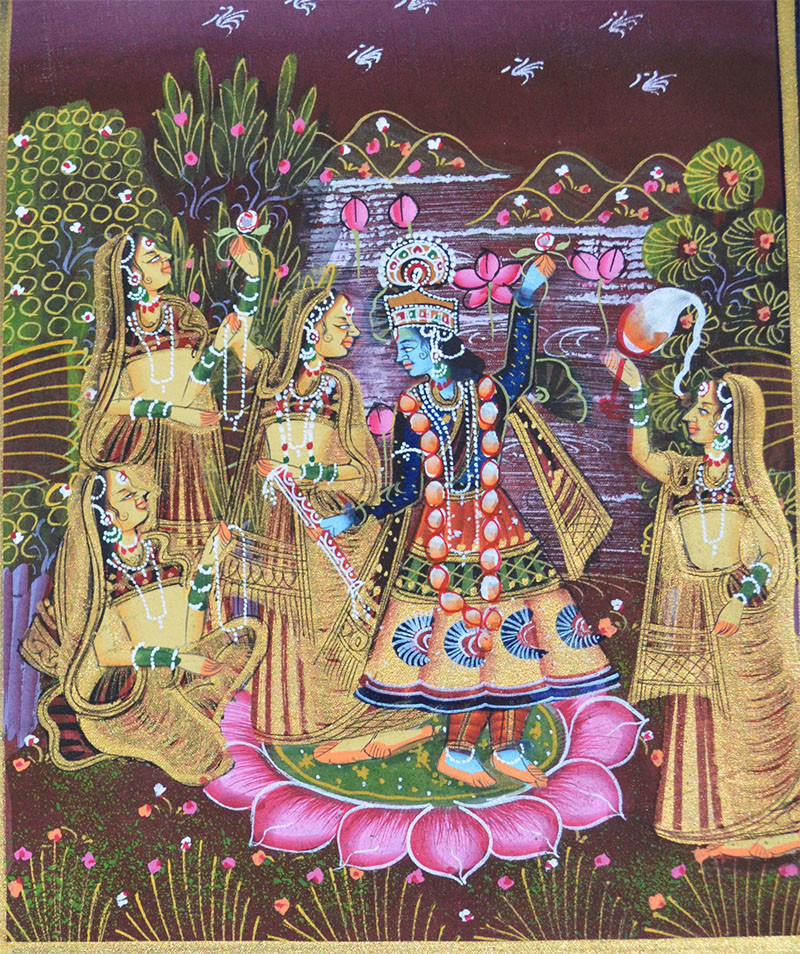 Radha Krishna Miniature Original Painting on Silk Cloth India Natural Colors!