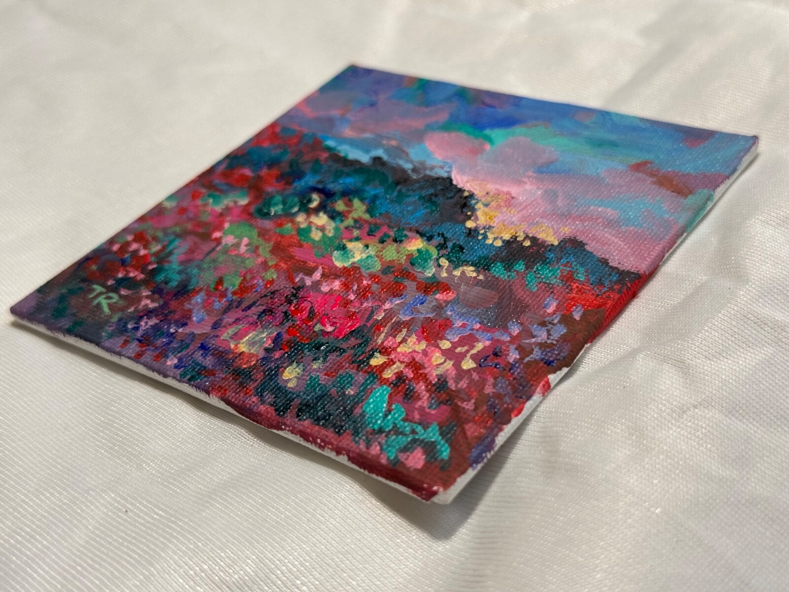 Wildflower field Original art Landscape red flower floral Acrylic Painting 4×4”