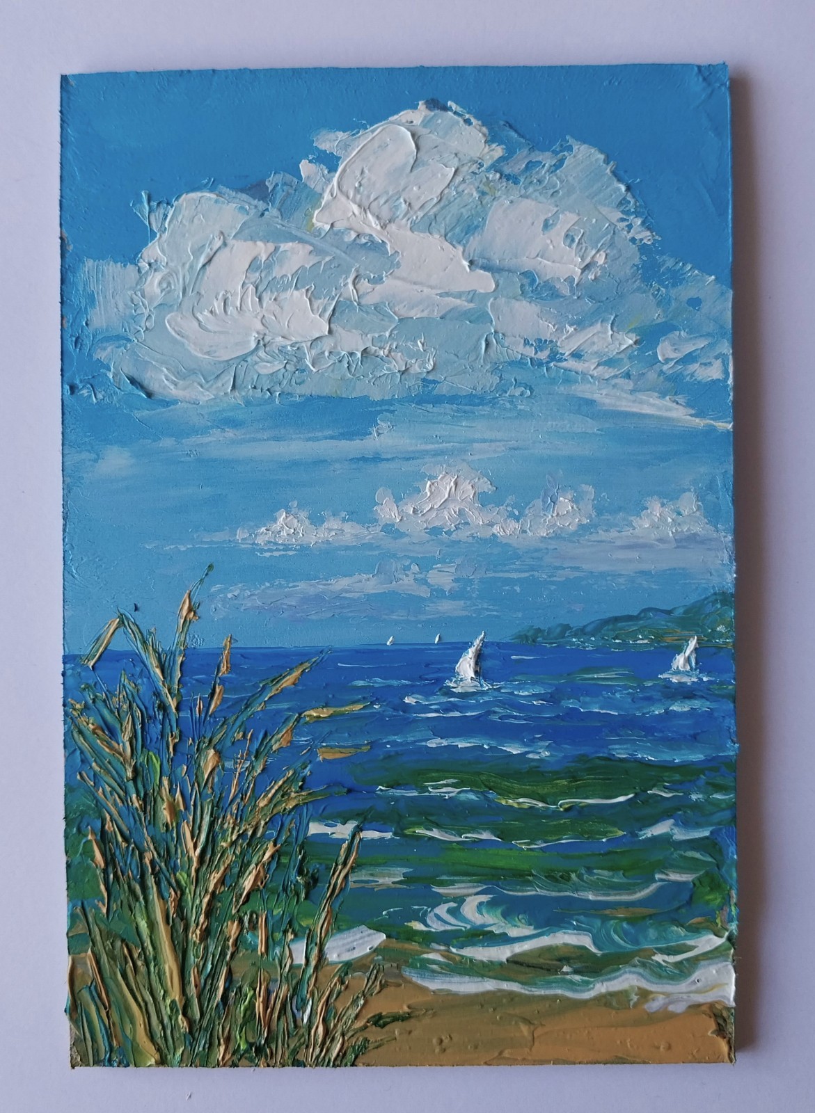Framed Calm Seascape Sailboats Cloudy Sky Coast Reeds 4×6” Oil Painting Original