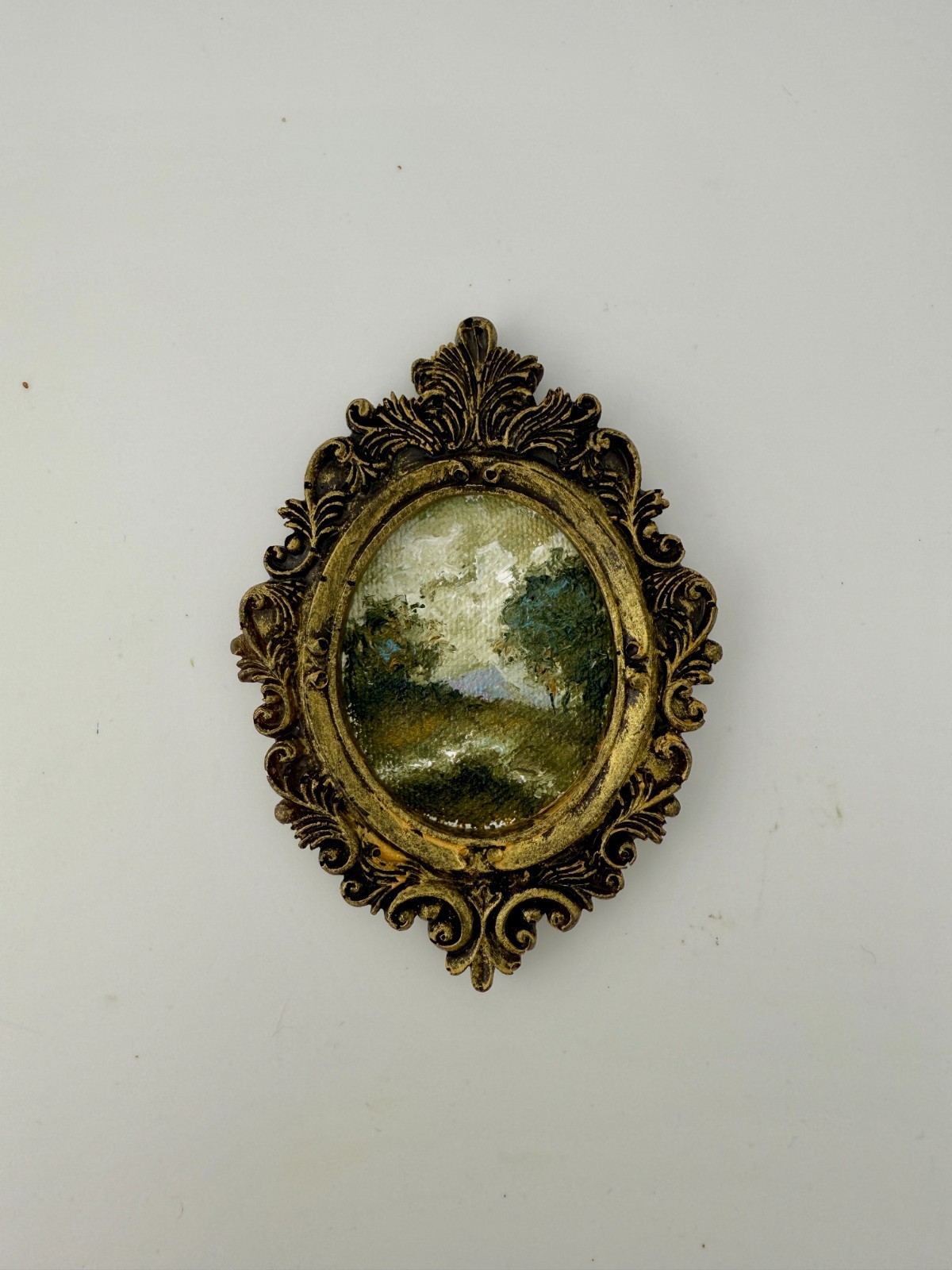ORIGINAL landscape mini painting in handmade vintage style ornate frame