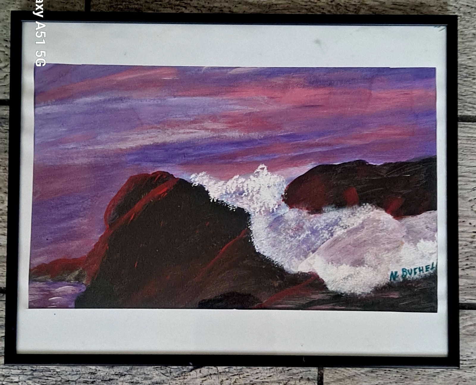 N.BUCHELL OIL PAINTING ON CANVAS OF NIGHT BEACH IN PINK SKY 11.5X14.5