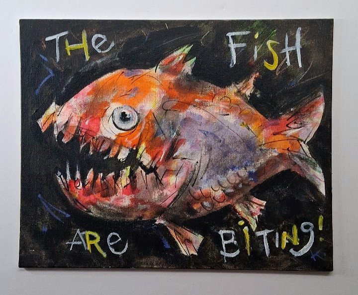 Fish Painting Original Folk Art Outsider Americana Art OOAK Signed Canvas