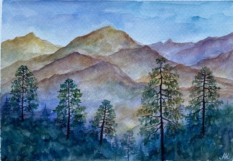 Original watercolor Art Great Smoky Mountains Painting National Park Blue Ridge