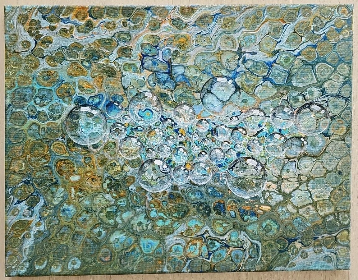 Abstract Acrylic Pour Painting Fluid Bubbles Canvas 14×18 Blue Green Orange