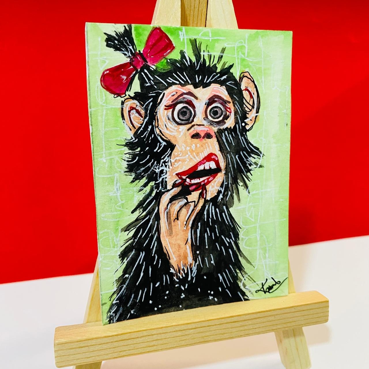 ACEO Funny Lady Monkey Lipstick Whimsical Expression Acrylic Painting Art Card