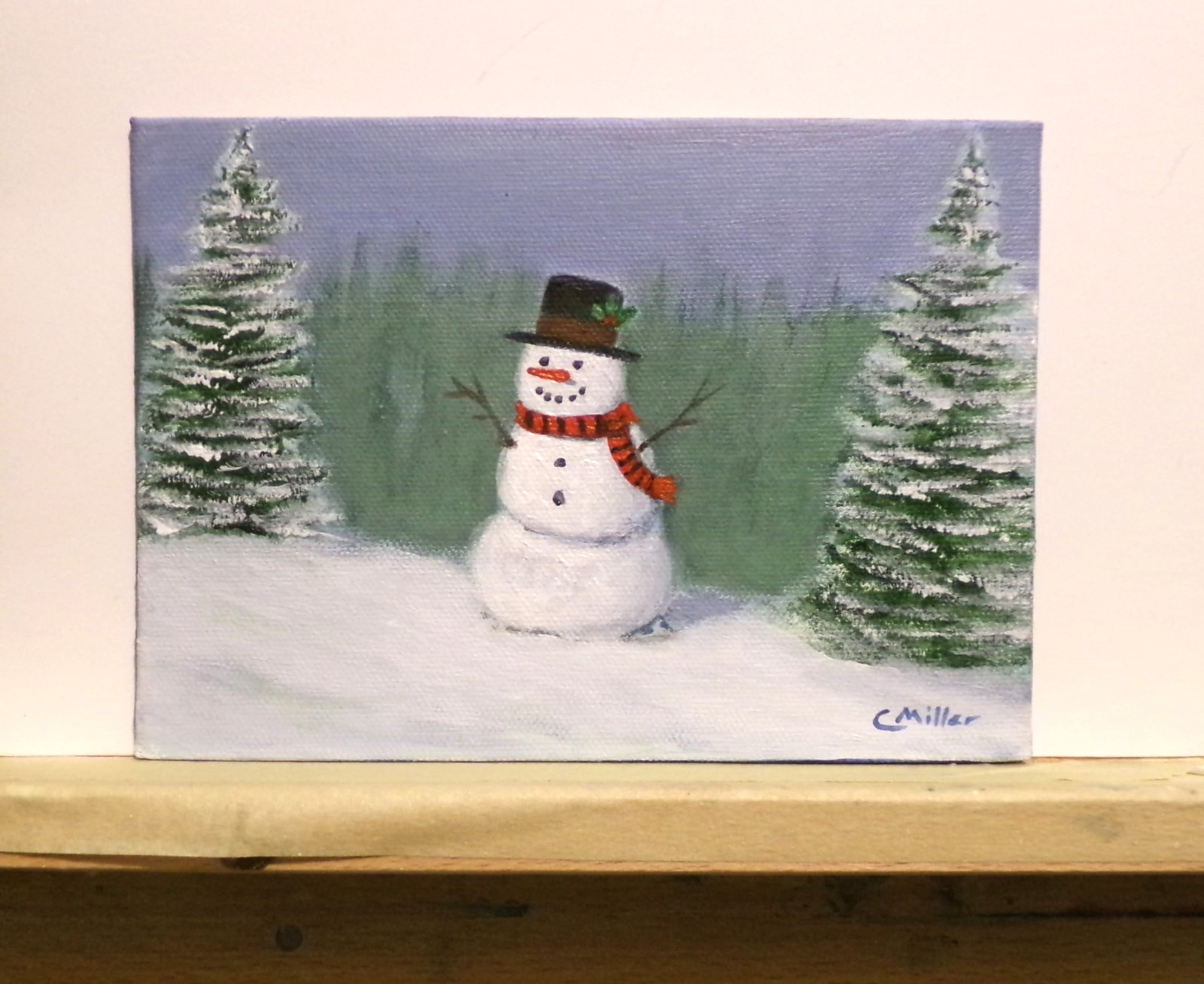 Original Painting Snowman Winter Christmas Landscape 5×7 Modern Wall Art Decor