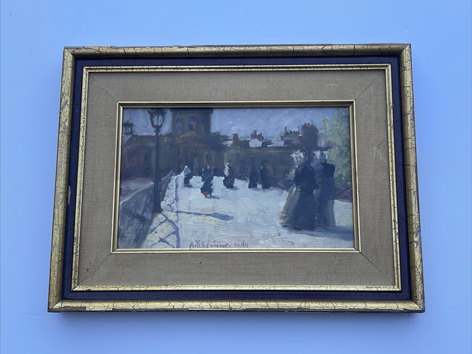 ANTIQUE IMPRESSIONIST PAINTING PARIS BRIDGE PEOPLE 1910’S LISTED RARE SEYMOUR