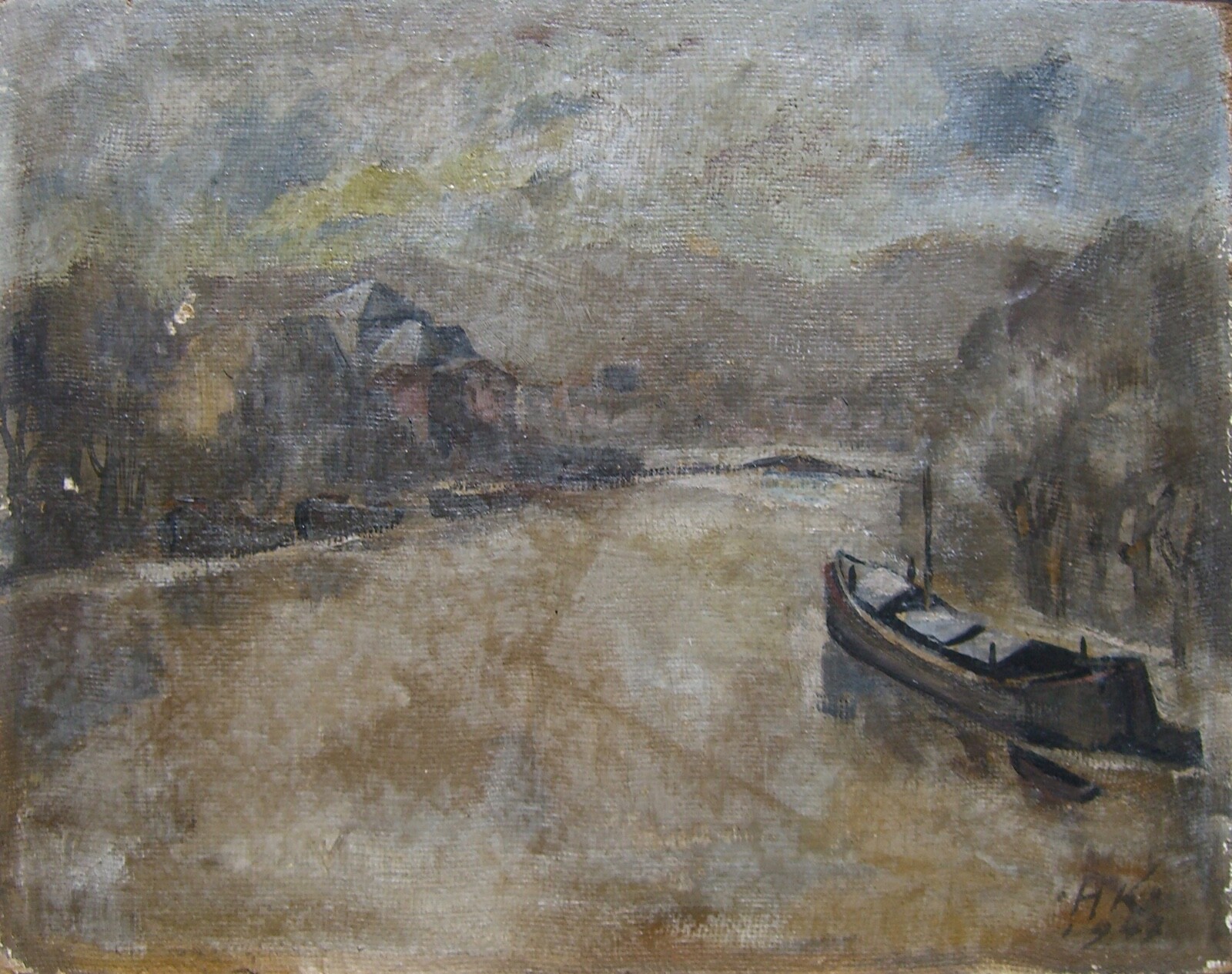 ::ÖLGEMÄLDE °FISCHERDORF FLUSSLANDSCHAFT BOOTE° GEBIRGE MONOGR. HK DAT. 1947
