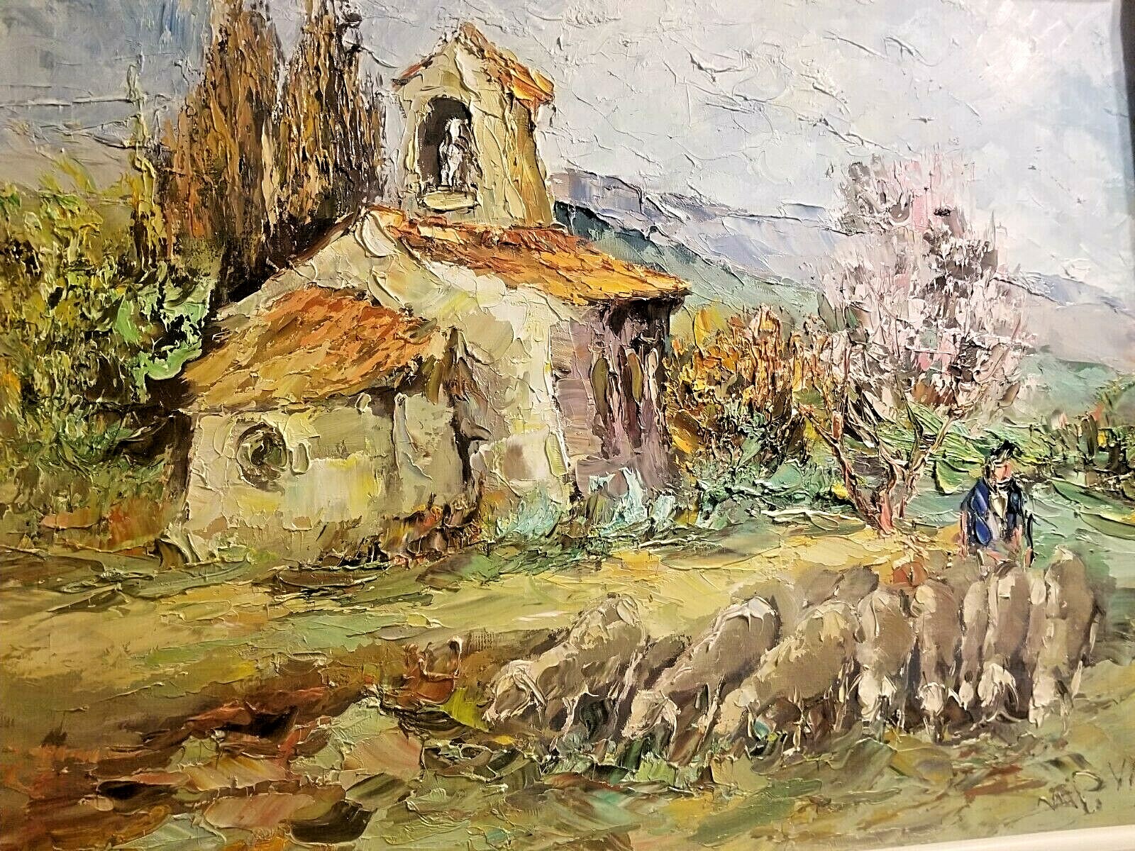 STRIKING GERMAN IMPRESSIONIST A/C PAINTING WOMAN SHEEP IN THE MOUNTAINS COTTAGE