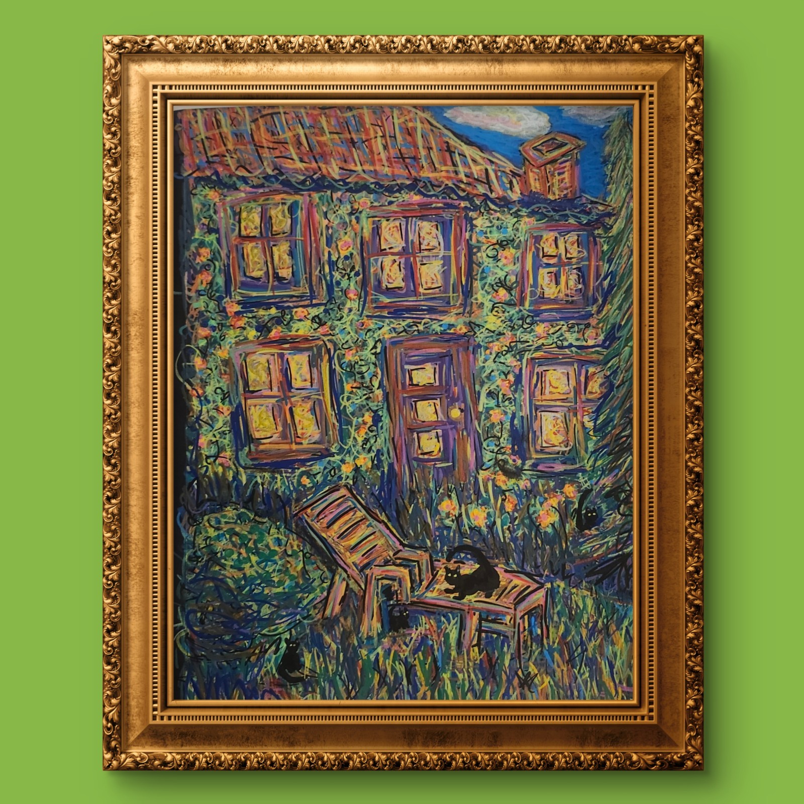 Black Cats In The Garden Impressionist Framed Whimsical 11×14 Acrylic On Paper