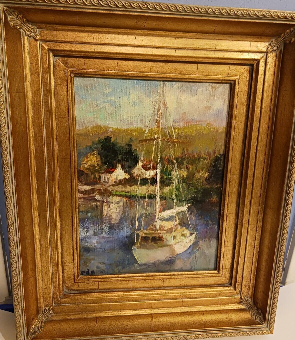 Vintage sailboat painting ,impressionism gold gilt frame, signed initials l.r.