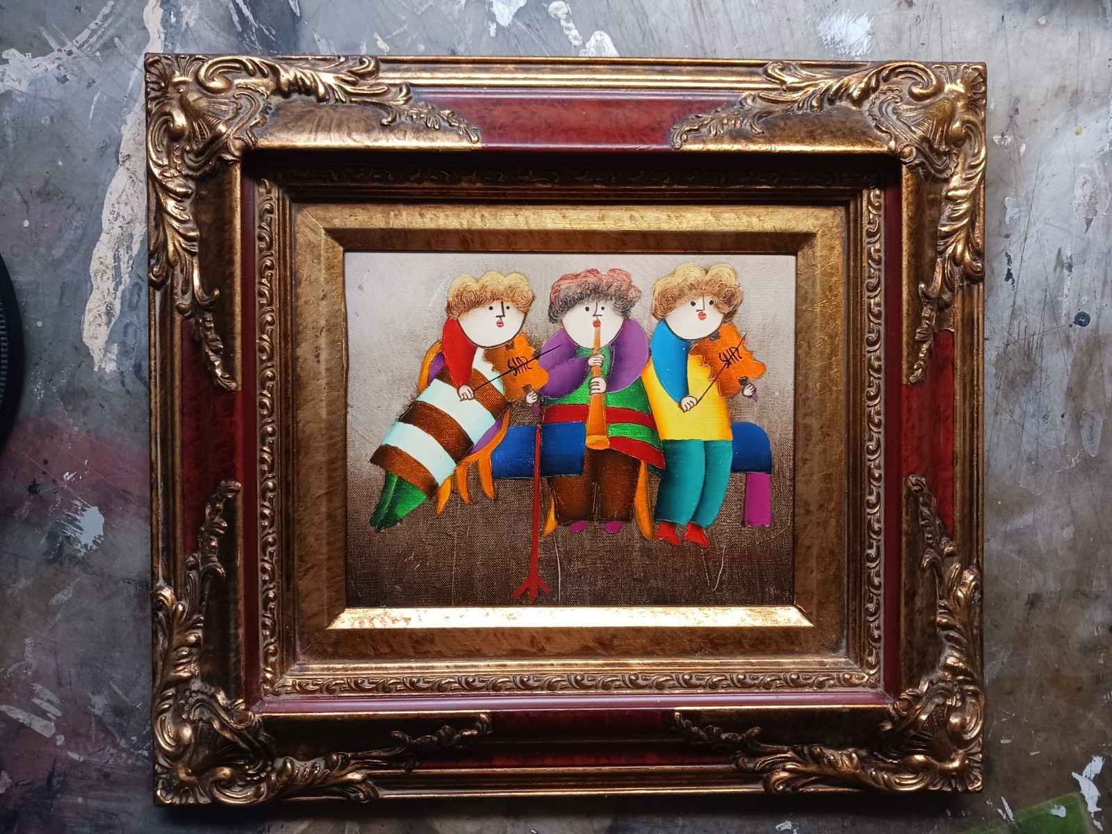 PAINTING Three Musicians. Canvas. Signed. Framed 16″x18″