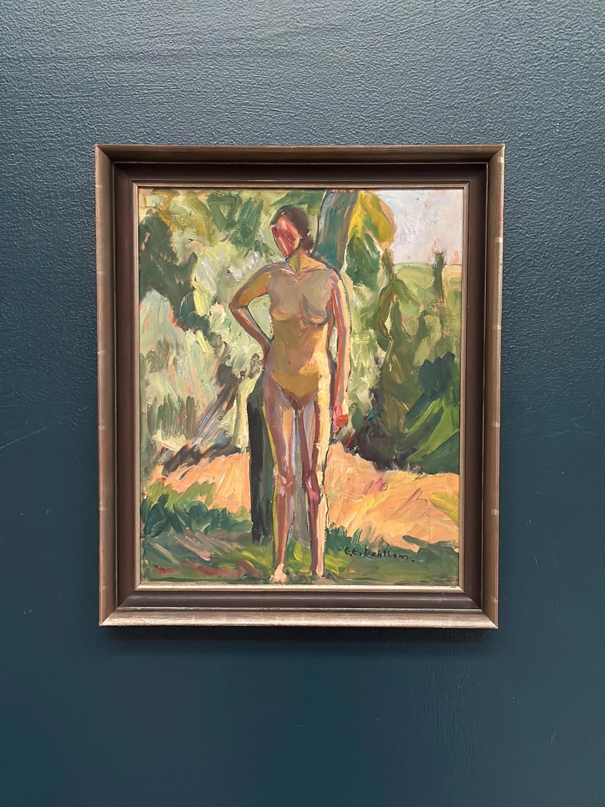 Mid Century Swedish Oil on Panel“Standing Woman” by Clara-Eva Dahlbom 43 × 36 cm
