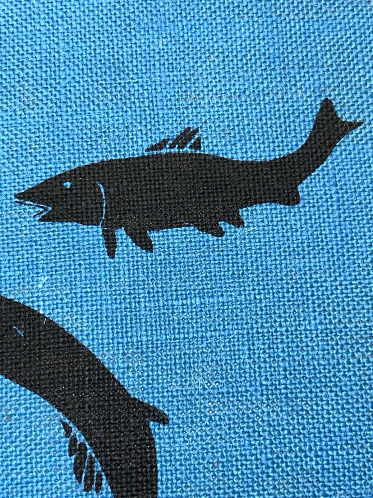 (Helen) Kalvak, Inuit art fishing scene with Salmon on Blue burlap c.1980 16×13”