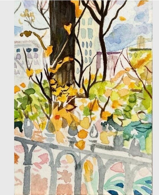 ACEO Art Card Print Of Original NYC park Fall Watercolor From LinkNYC