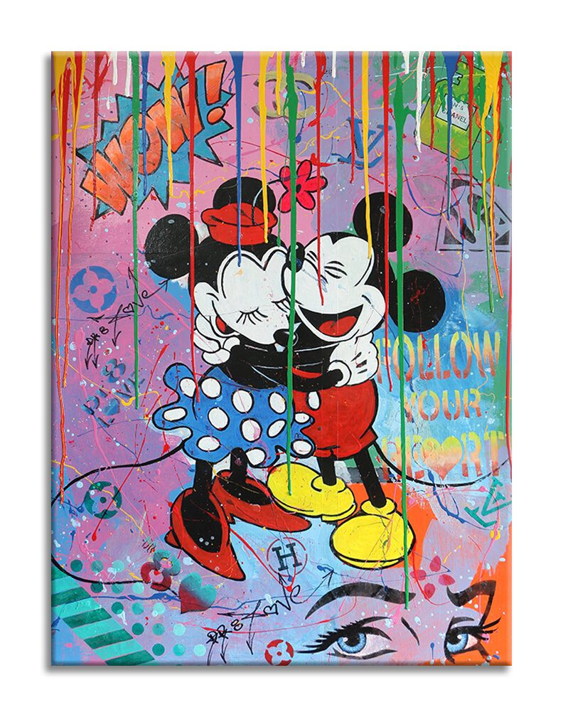 Follow-Mickey-Minnie – Original Painting, Oil, Acrylic, Collage on Canvas, COA