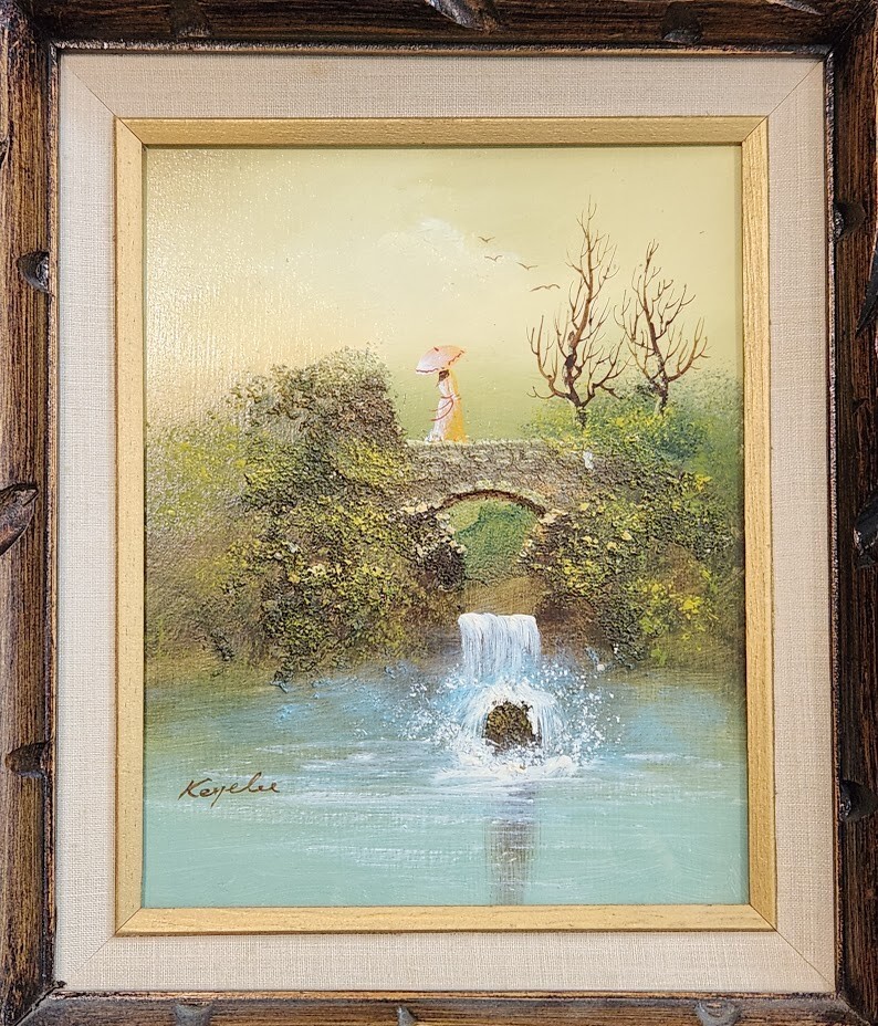 Textured Painting Signed Keyelee Girl on Bridge Waterfall 16 x 18 Wooden Frame